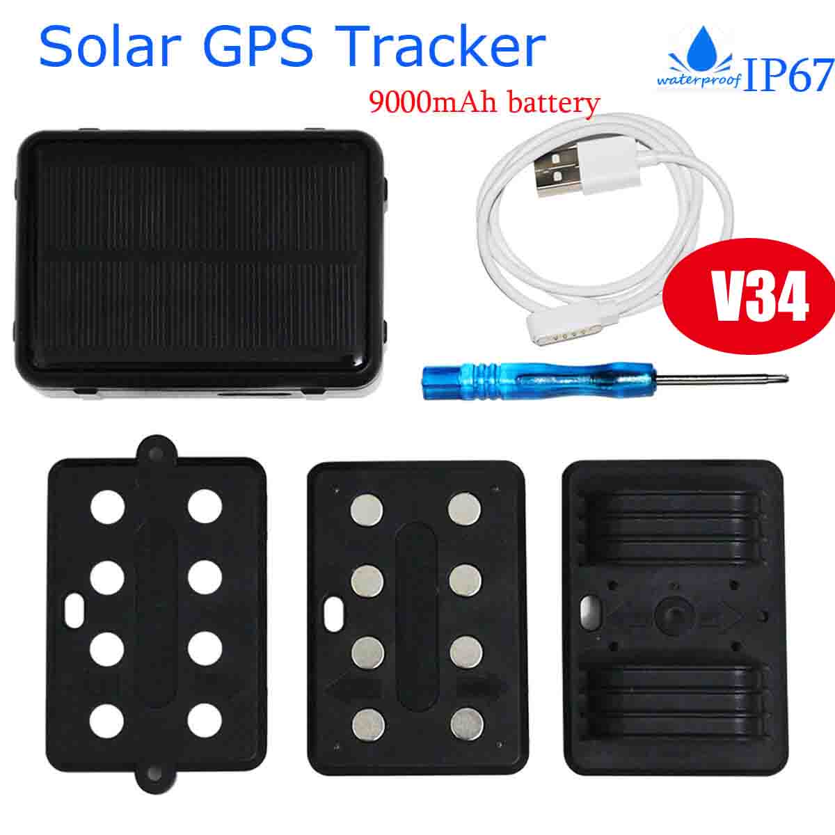 2G Waterproof Solar Power Vehicle GPS Tracker with Geo-fence Alarm Alert V34