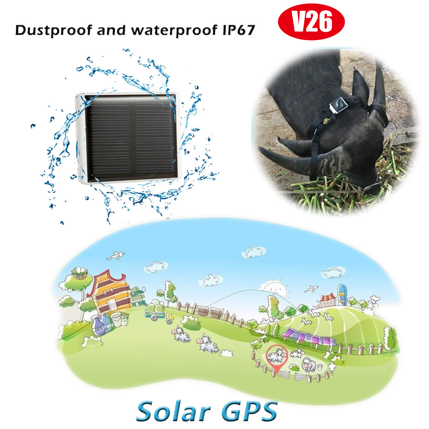 High Quality GSM Solar-Powered GPS Tracker for Pet Cow V26