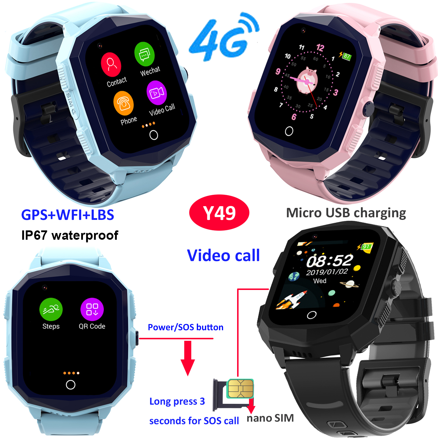 4G LTE IP67 waterproof Colorful Touch Screen Kids GPS Smart watch with History Tracking Free Global Video Call for students School boys Girls Y49
