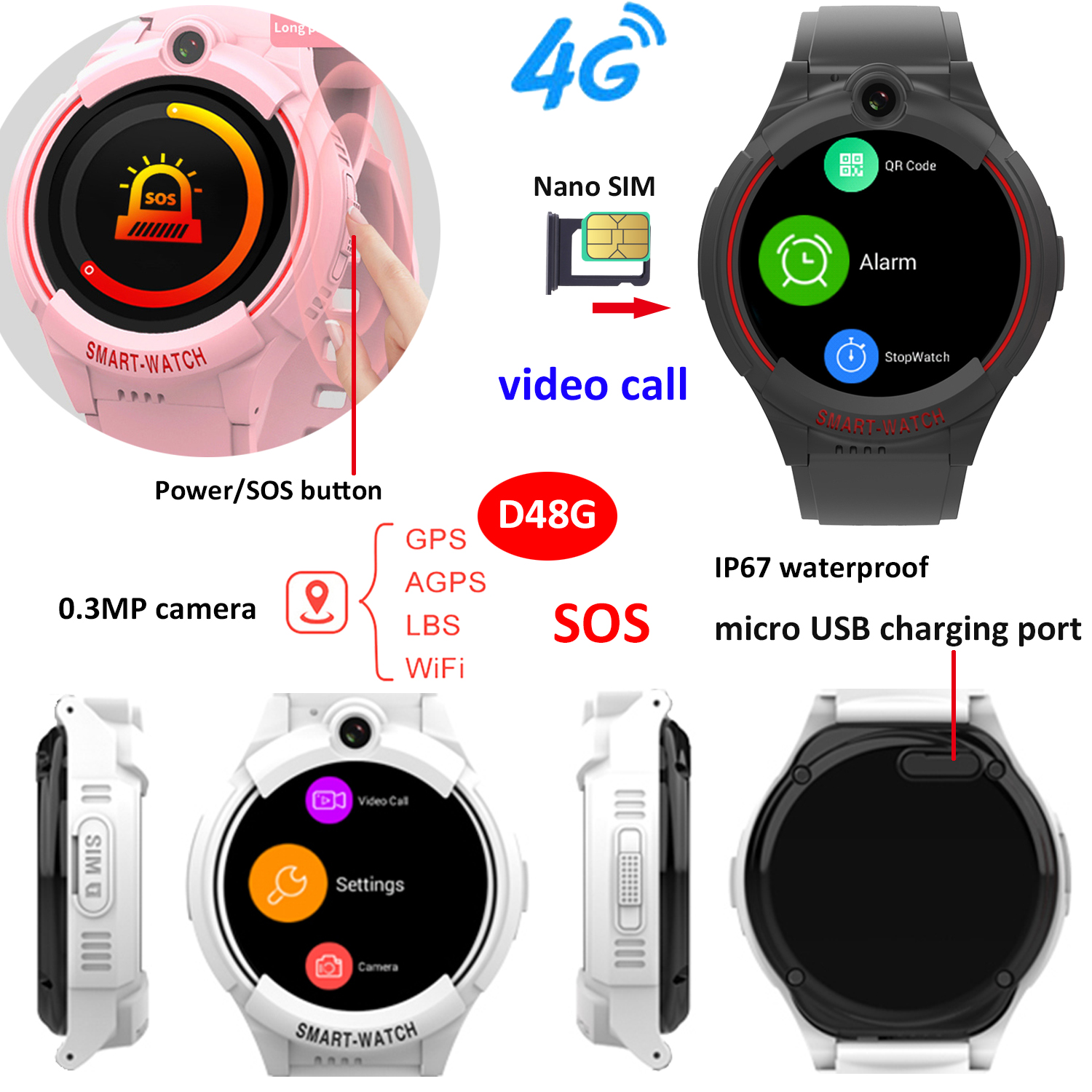 Factory Supply 4G IP67 waterproof Students GPS Smart watch D48G