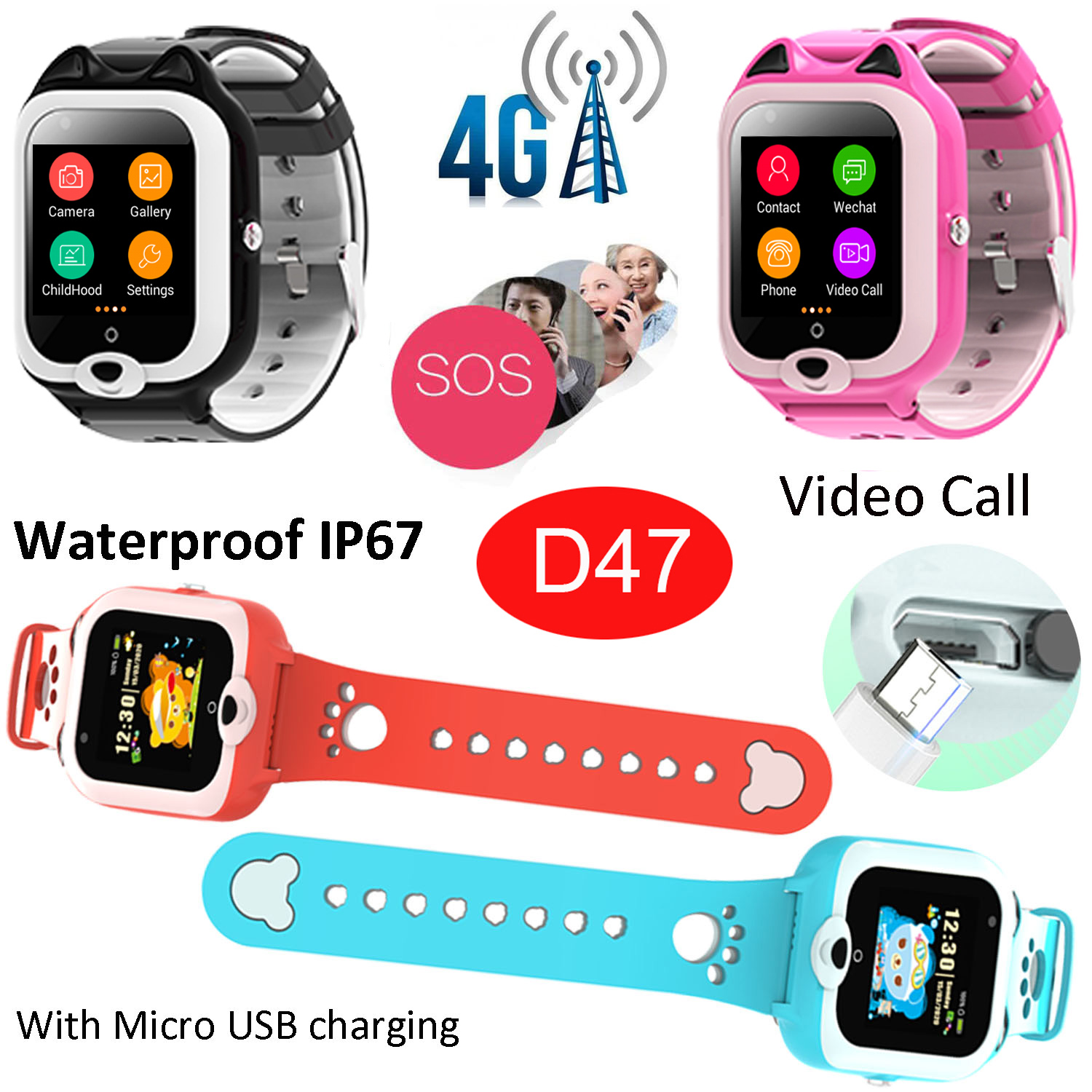 China Factory Newest LTE IP67 Waterproof Students GPS Watch D47