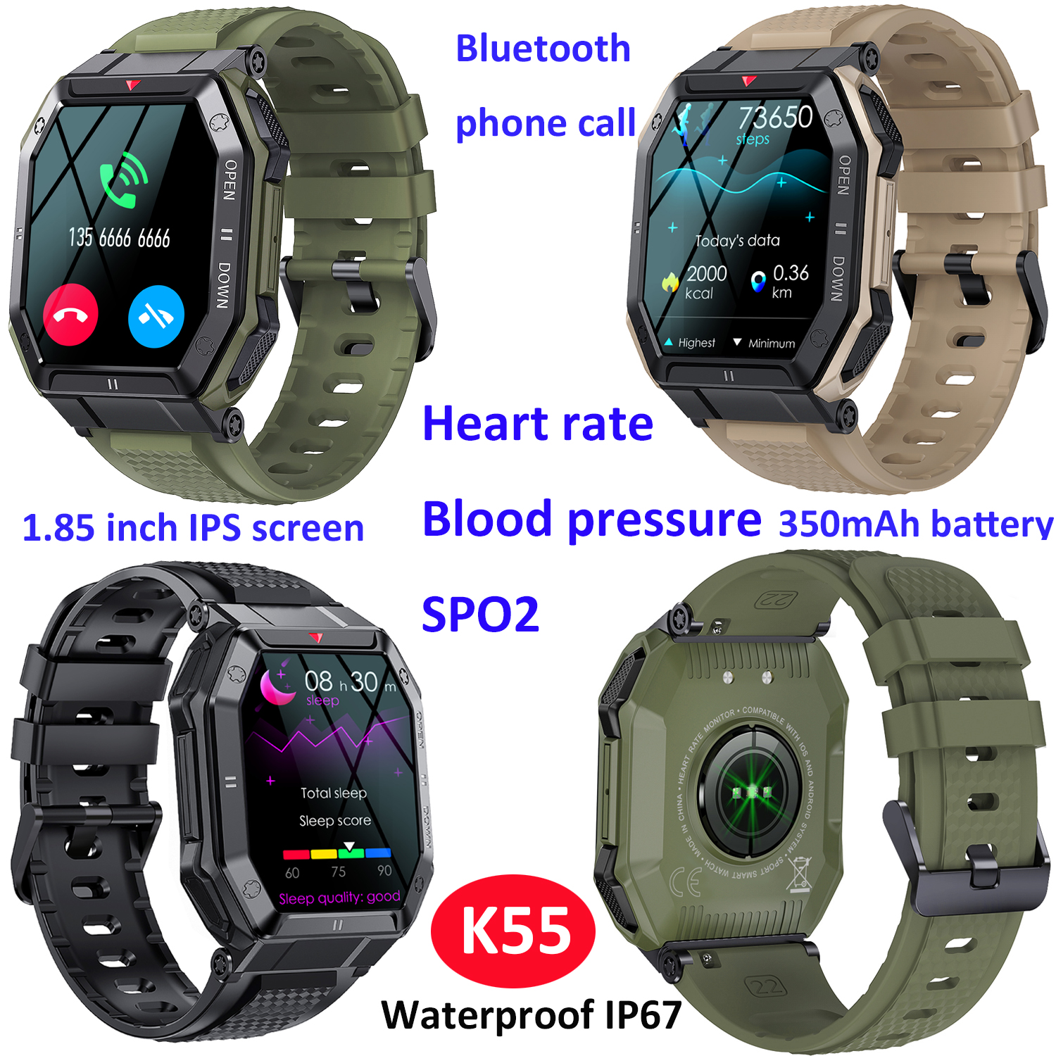 1.85inch Bluetooth mobile phone call smart watch K55