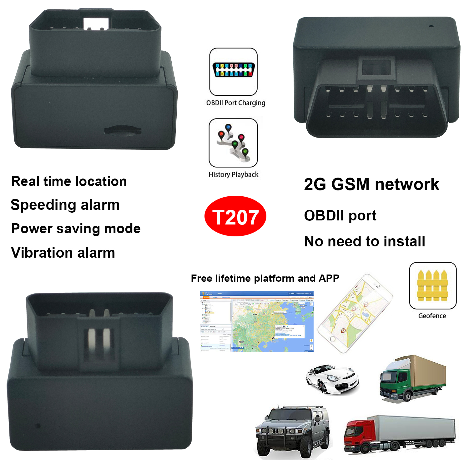 New High Quality GSM OBDII Anti-theft Accurate Car GPS Tracker with Vibration Speeding Alarm for Automotive Vehicle Security T207