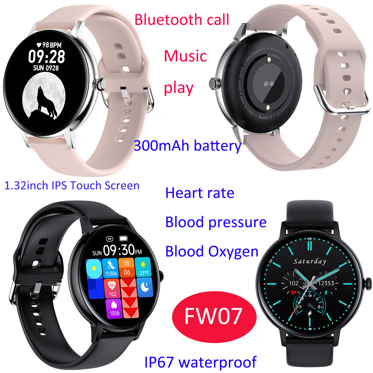 Round screen BP BT Call Heart rate Monitoring Smart Watch 