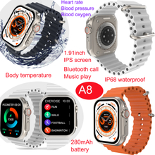 IP68 waterproof Heart rate blood pressure SPO2 body temperature Smart Bluetooth Watch A8