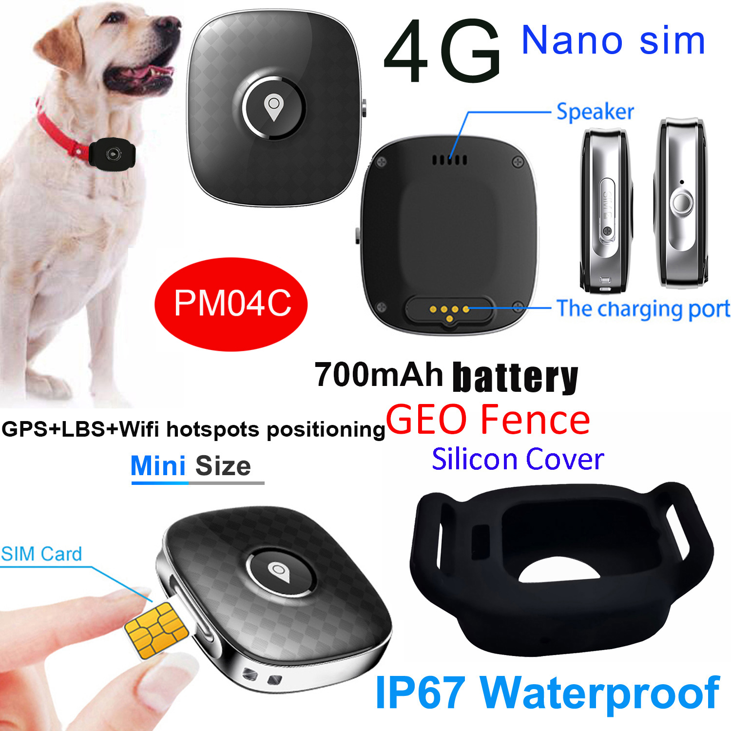 Waterproof 4G Hidden Pets GPS Tracker Device with Voice monitor PM04C