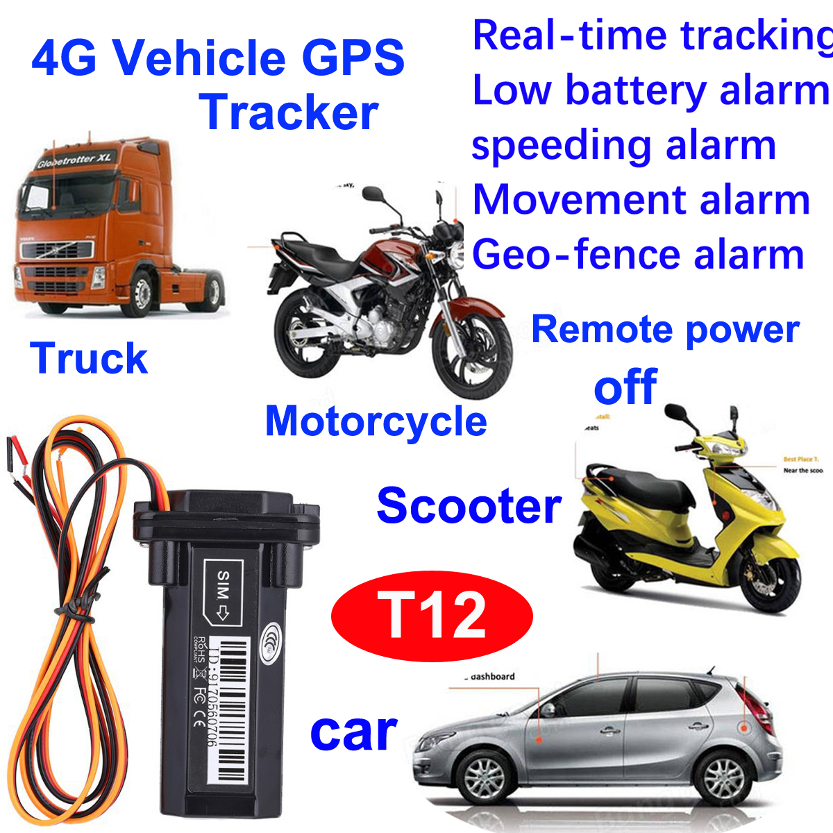 4G Waterproof Vehicel GPS Tracking Device with Remote Fuel Power off T12