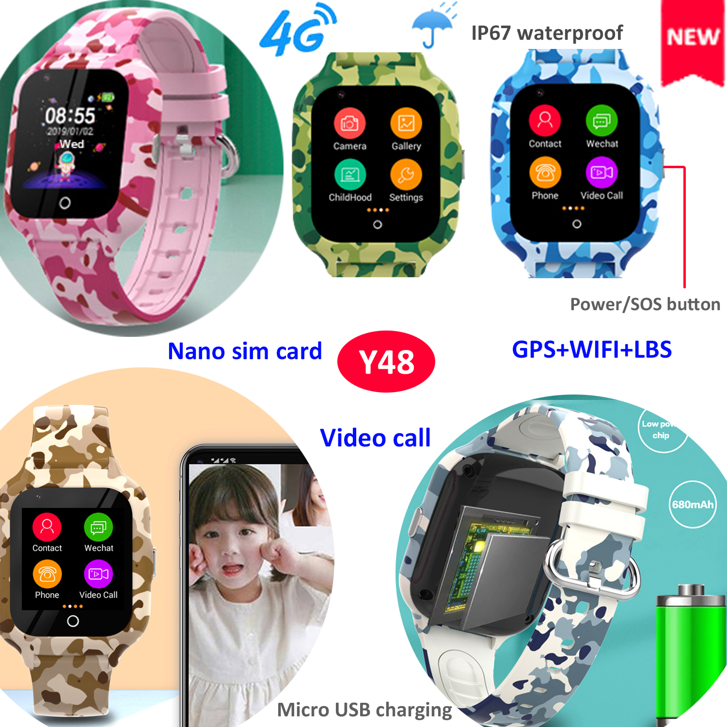 IP67 waterproof 4G Children GPS Watch Tracker for Kids Safety Y48