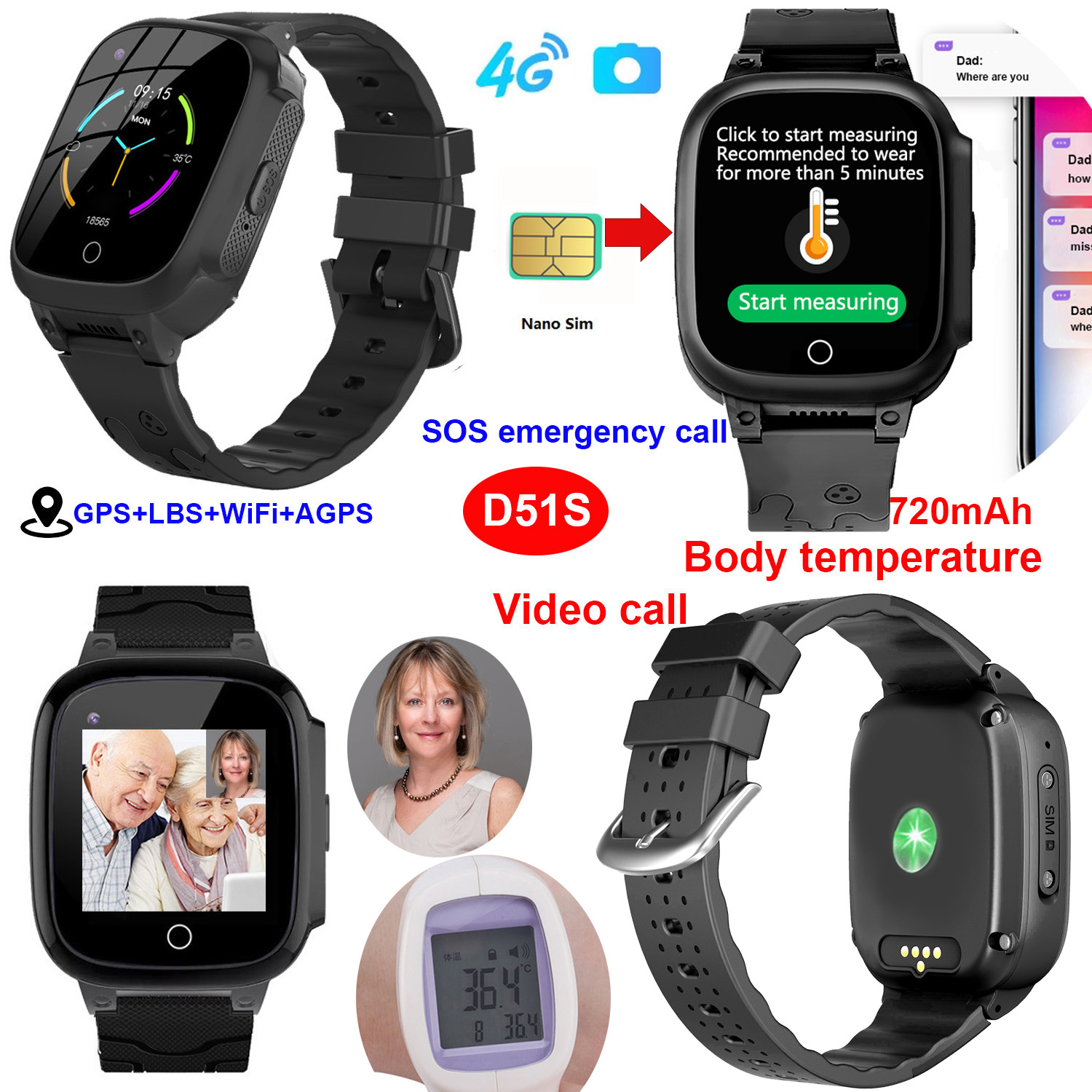 Latest LTE waterproof Unsex Smart GPS Tracker Watch with Video Call 