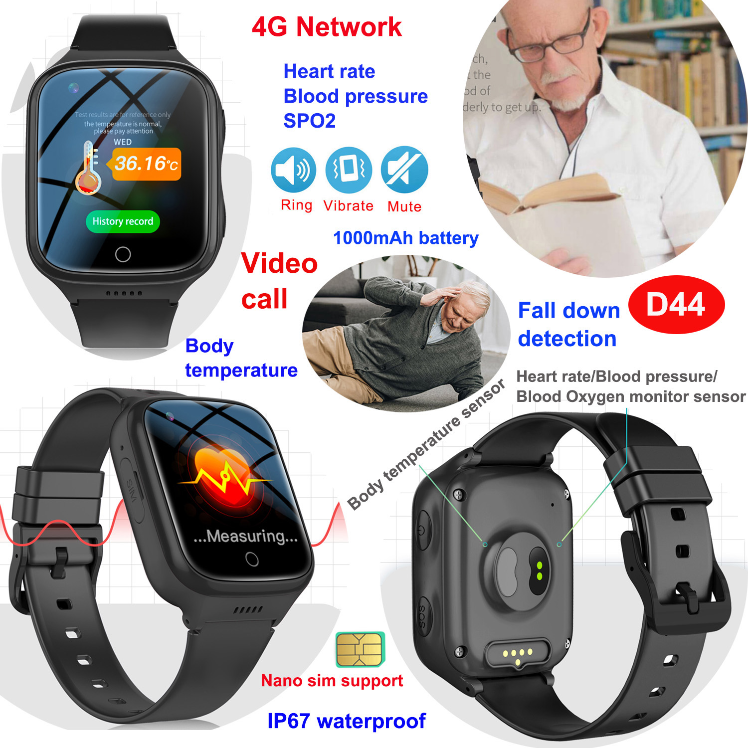 LTE Waterproof Senior GPS Tracker Watch with Fall Down Thermometer 
