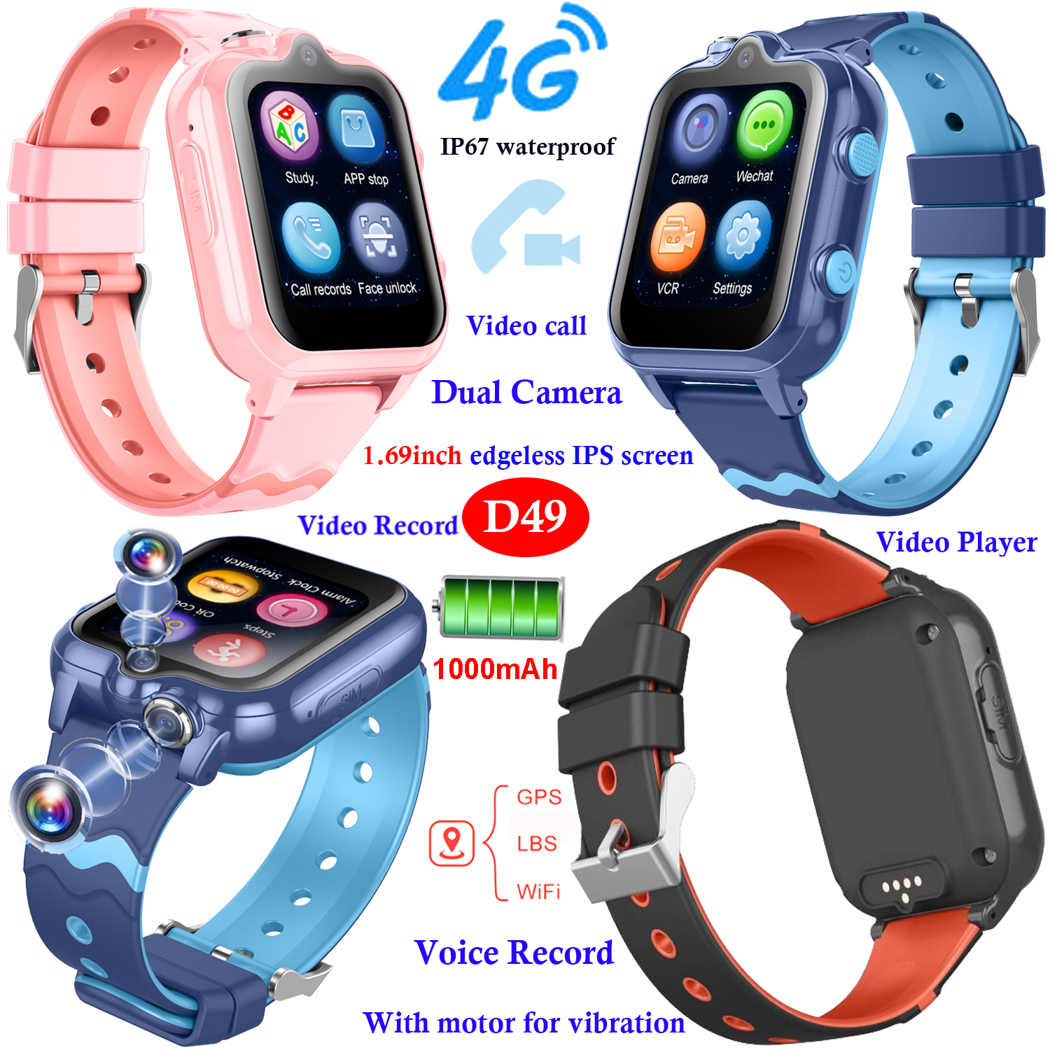 LTE Quality Edgeless IPS screen Dual camera Students GPS tracker watch D49