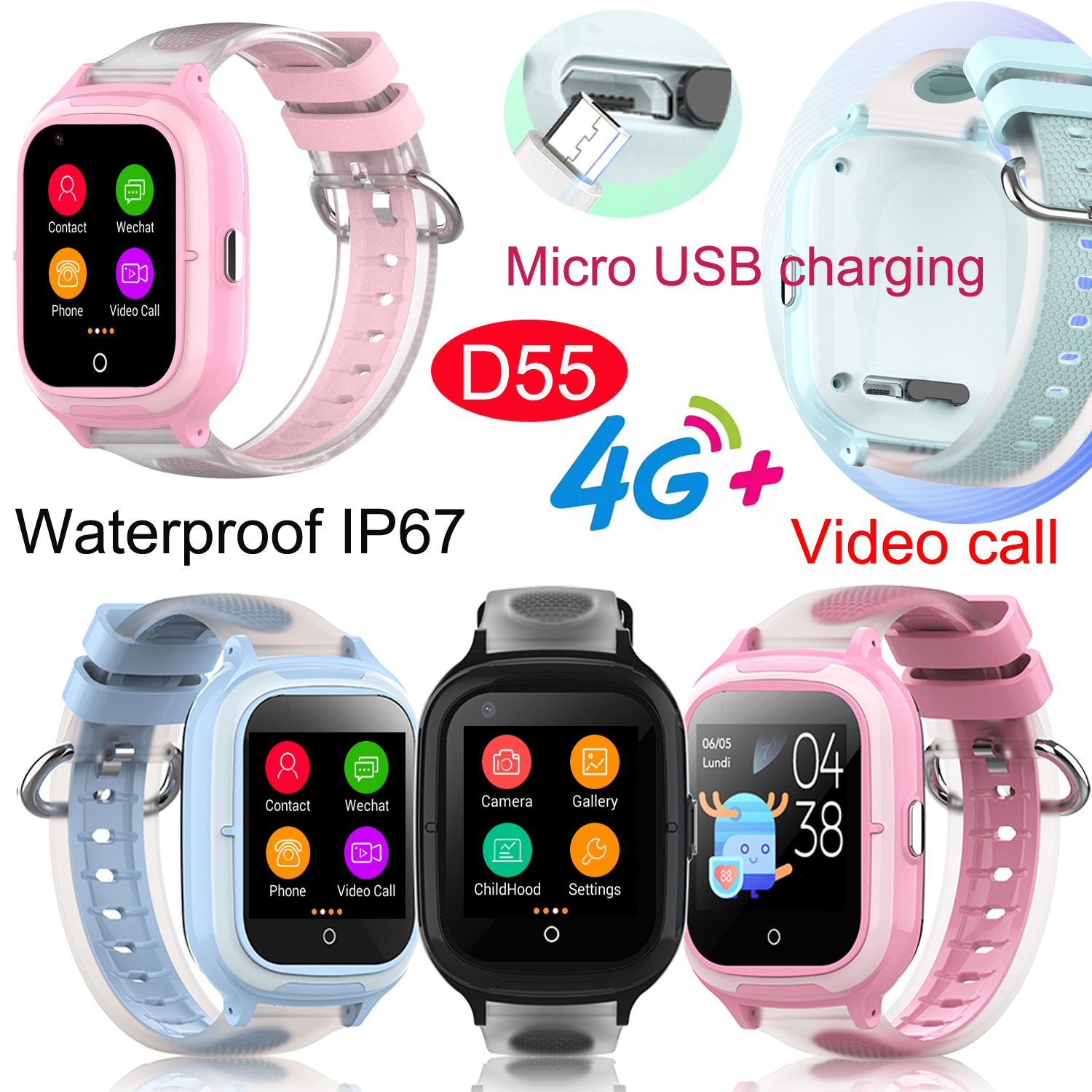 LTE IP67 Waterproof Girls GPS Tracker watch with Video call D55