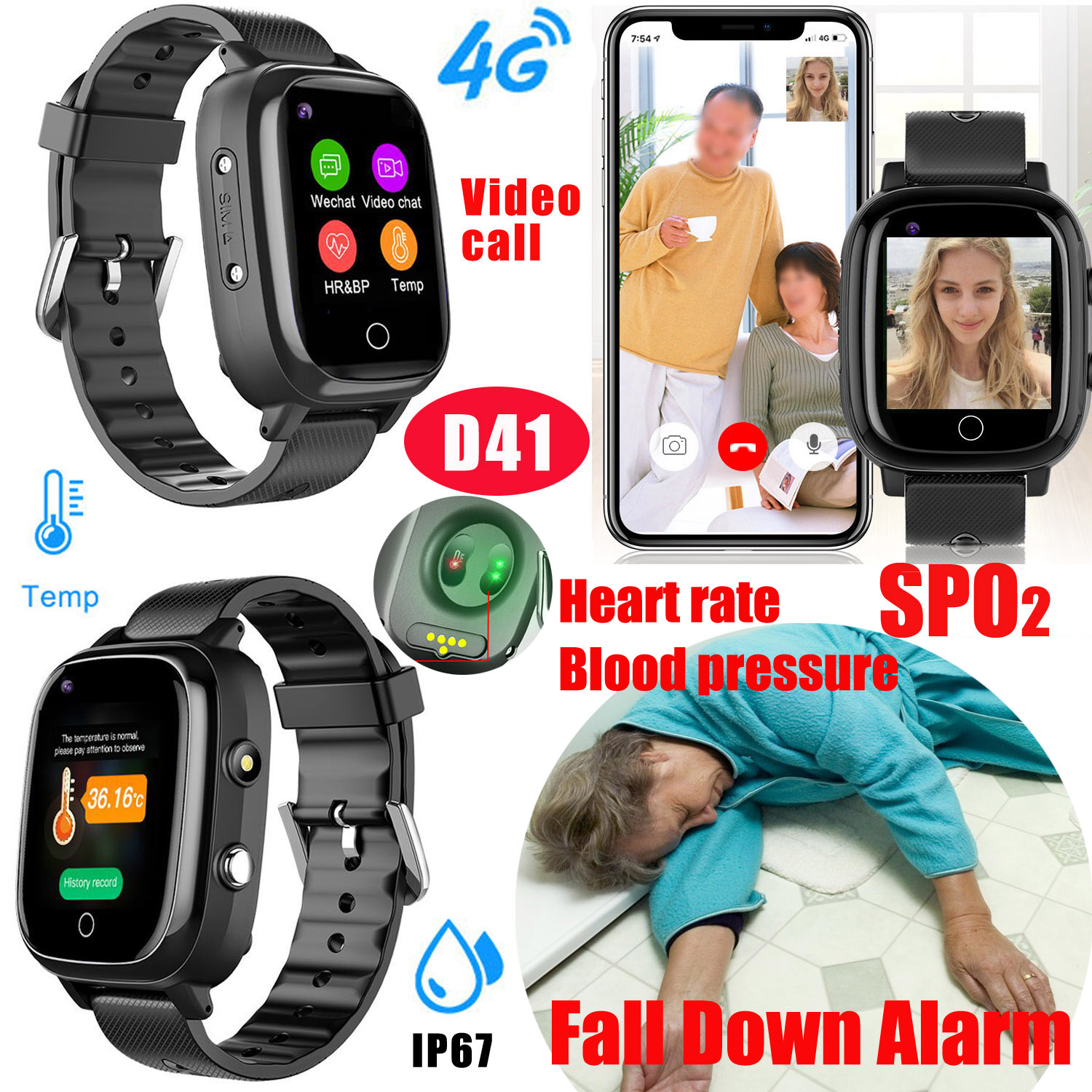 LTE Video call IP67 Waterproof Thermometer Smart Watch GPS Tracker D41