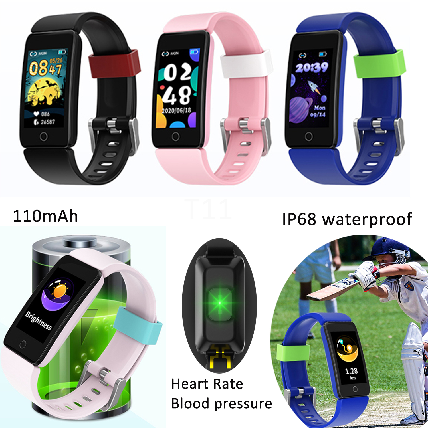 IP68 Waterproof Heart Rate Blood Pressure SPO2 Bt Smart Wristband T11
