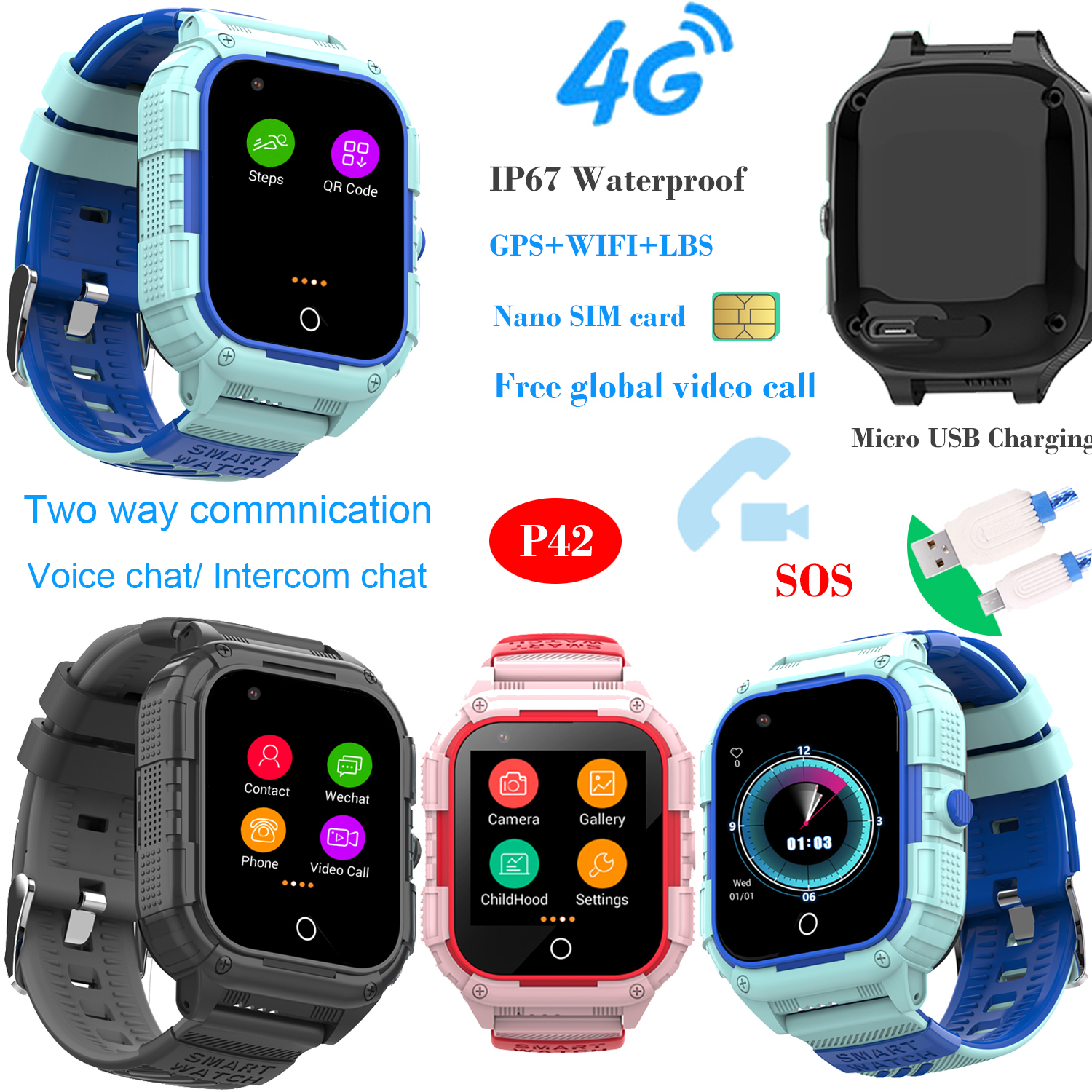 New Developed IP67 Waterproof LTE Students Personal GPS Tracker Watch with Geo-fence Panic Button Video call for Security Monitor P42