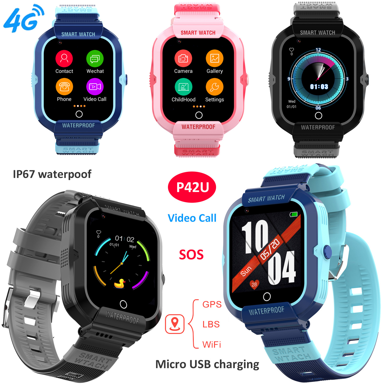 4G IP67 waterproof Kids GPS Smart watch for SOS Help P42U