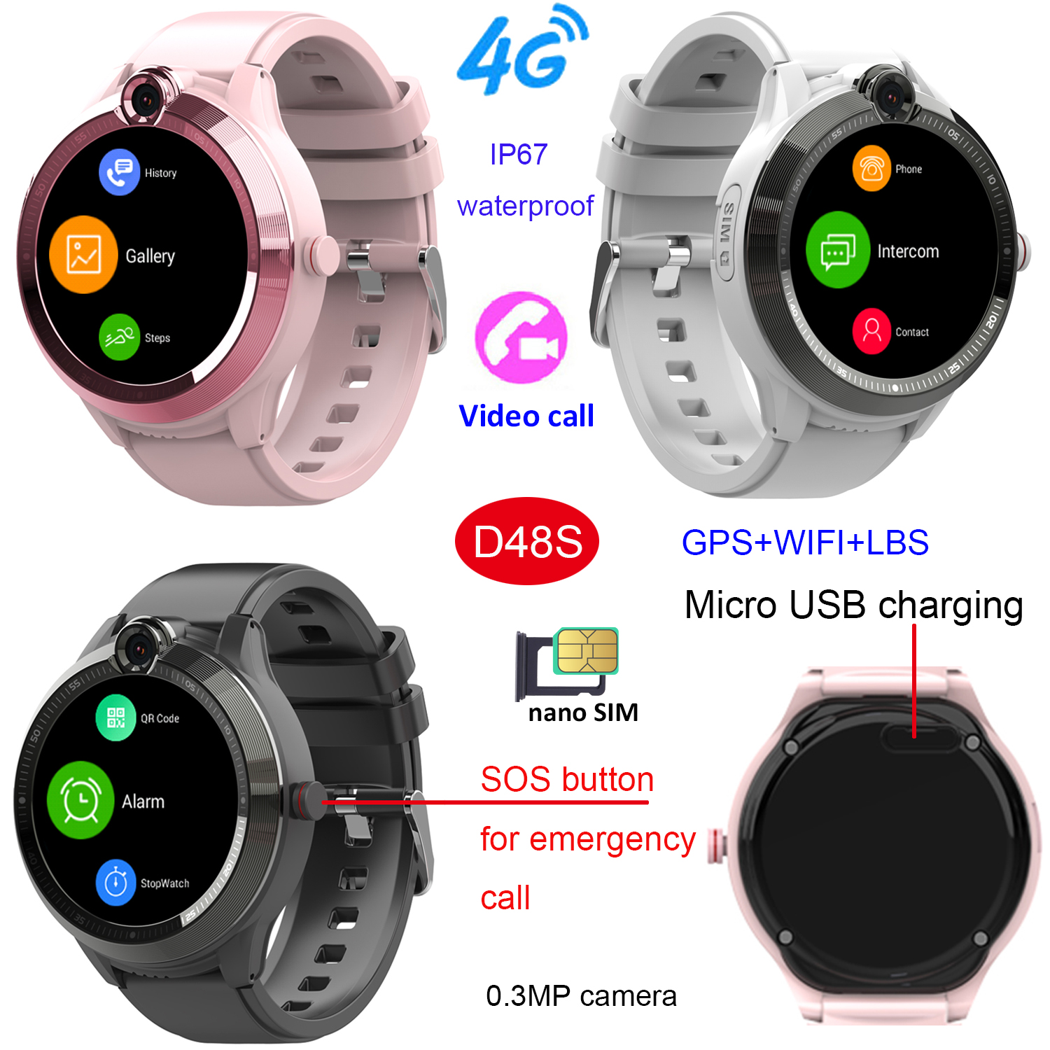 4G IP67 waterproof OEM child GPS Smart Watch D48S